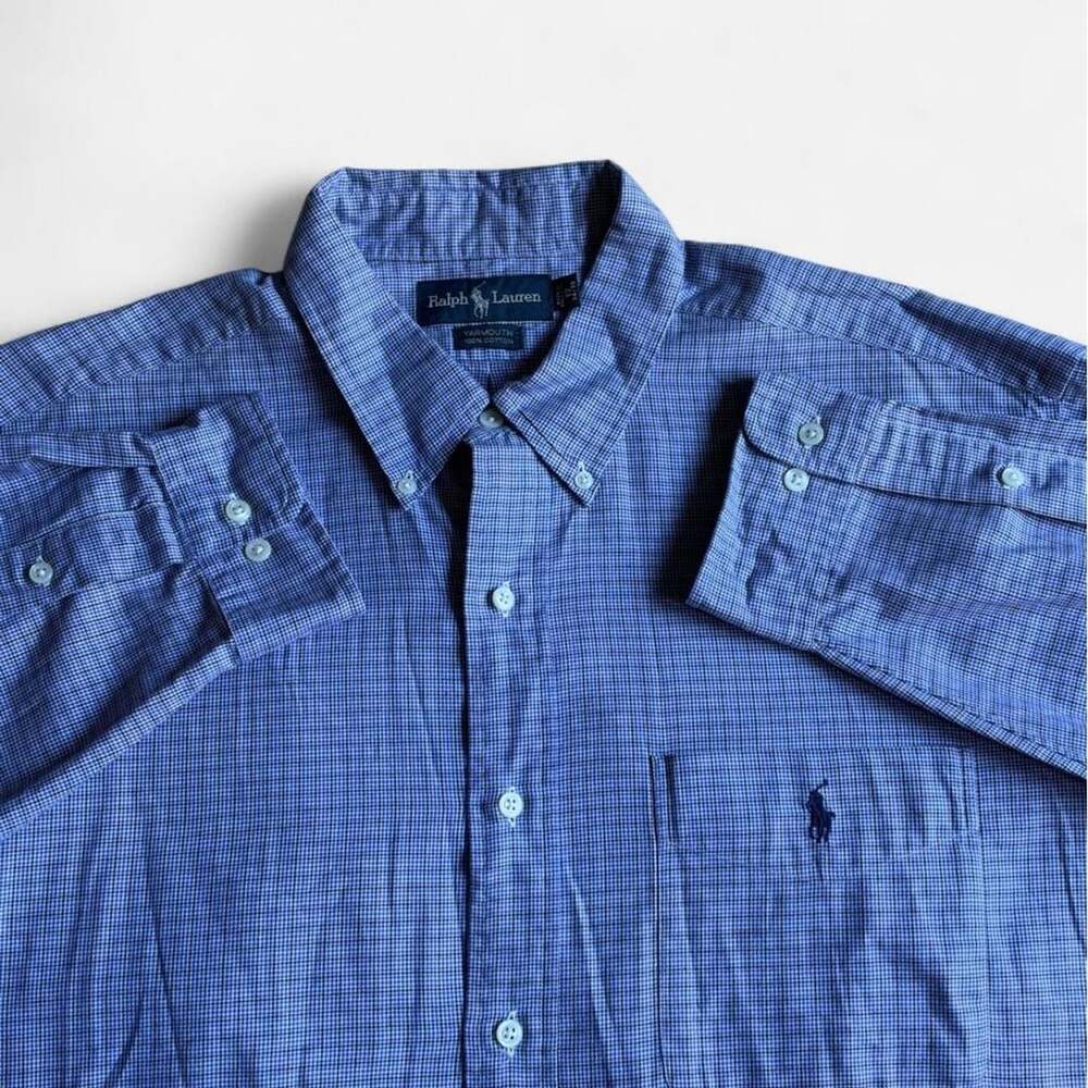 Vintage Ralph Lauren Button Up Shirt 17 34/35 Houndstooth White Black Blue Hong